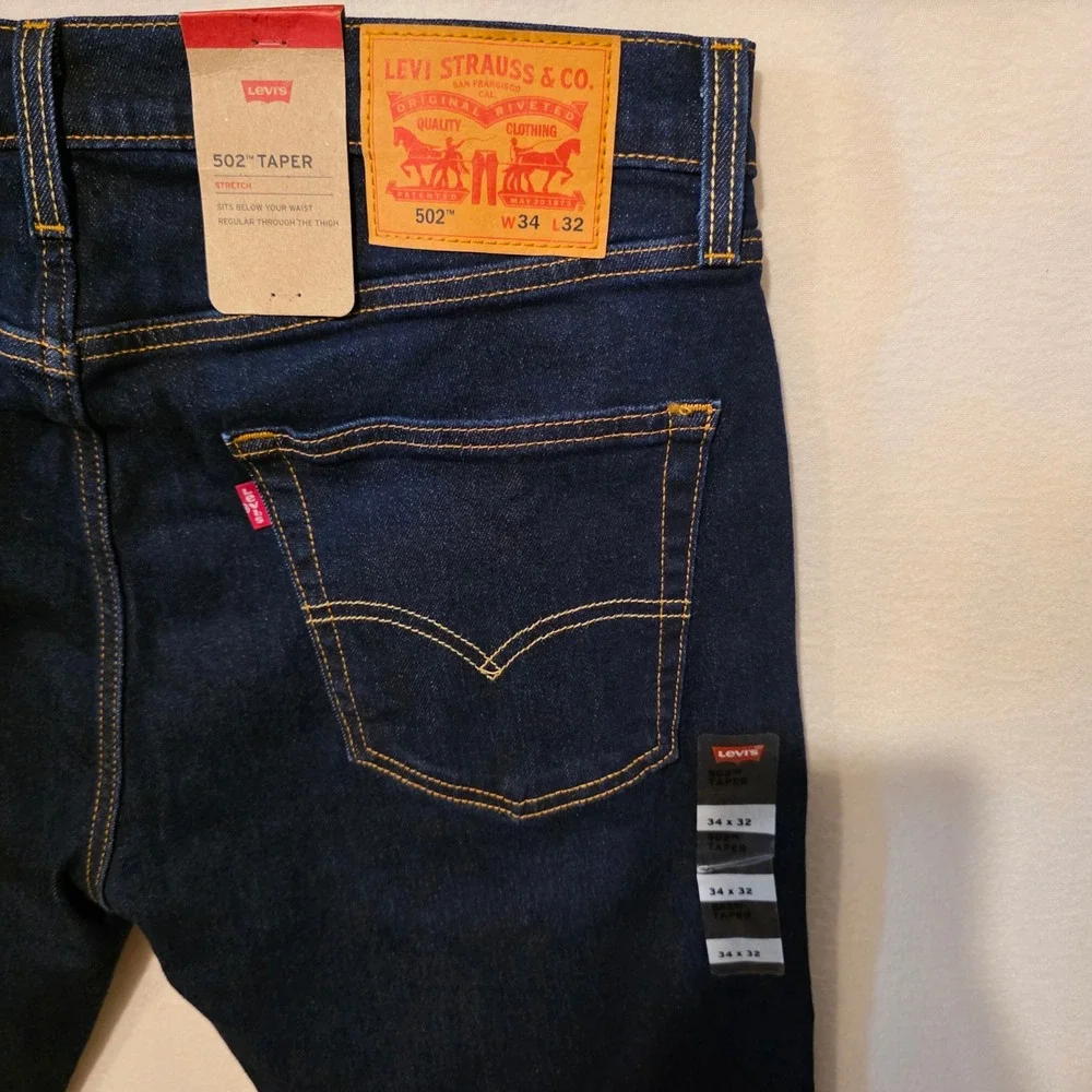 Levi's 502 Taper Jeans Mens 34x32 Dark Indigo Blue Stretch Denim 29507-3196